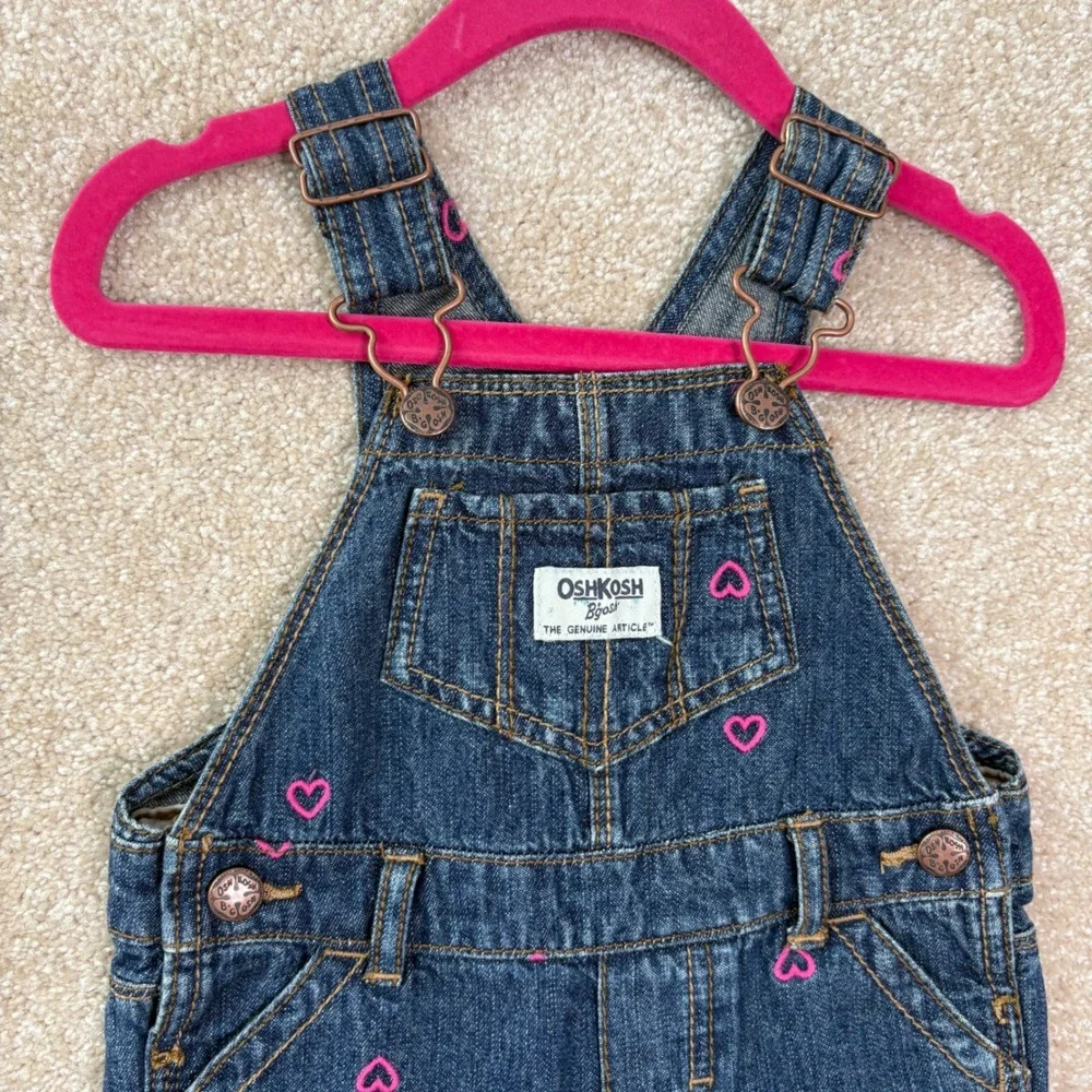 OSHKOSH Vestbak Denim Overalls Girls 9M Pink Heart Embroidered Bib